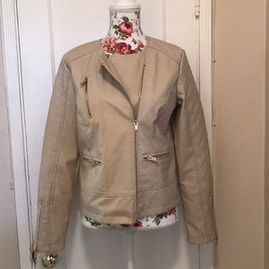 Cream Faux Leather Moto Jacket